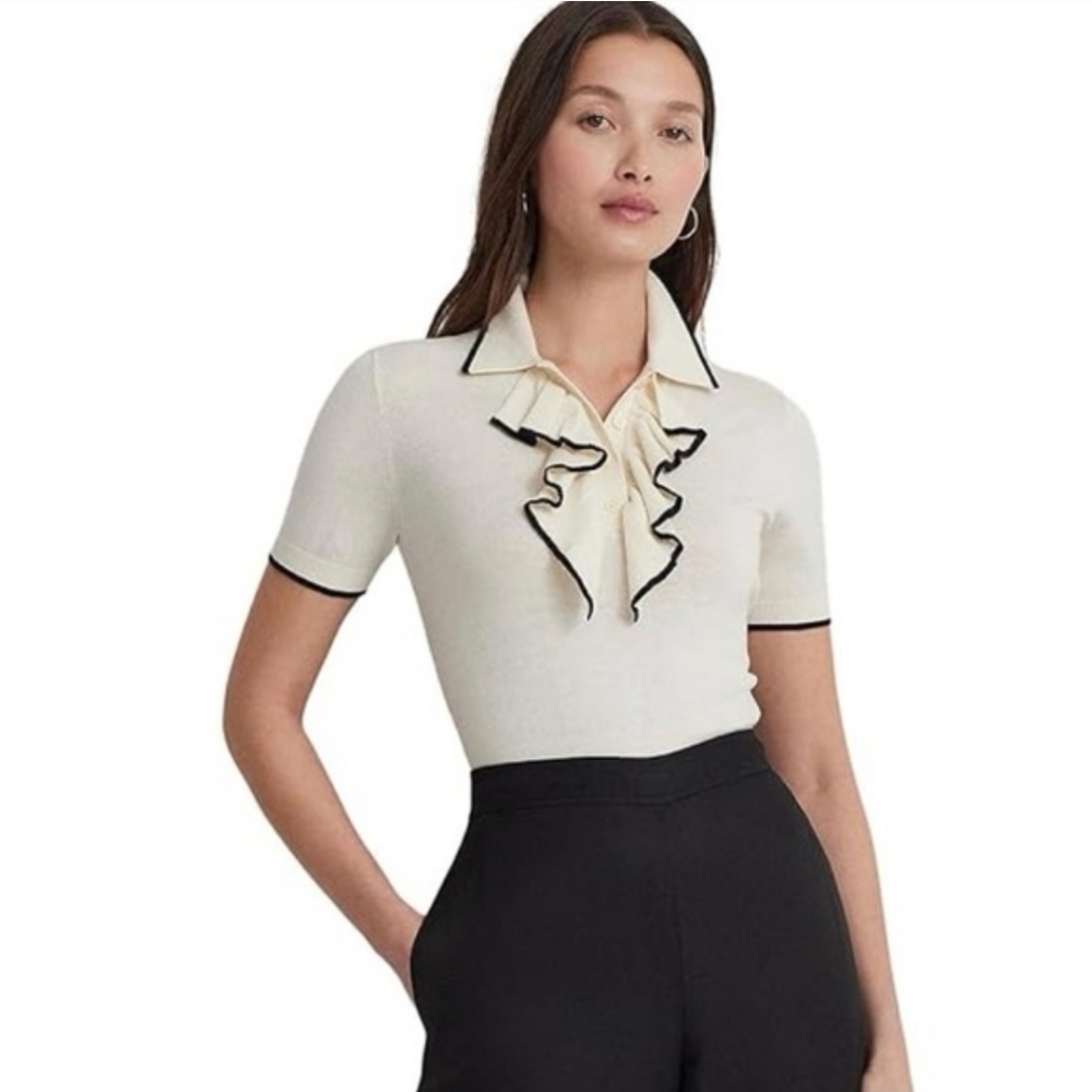 Ralph Lauren Cream Short-Sleeve Ruffle Polo Top with Black Trim